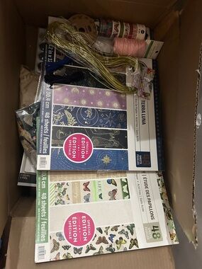 Big box of New & opened art supplies. Twine, paints, crayons, 3 alcohol inks.